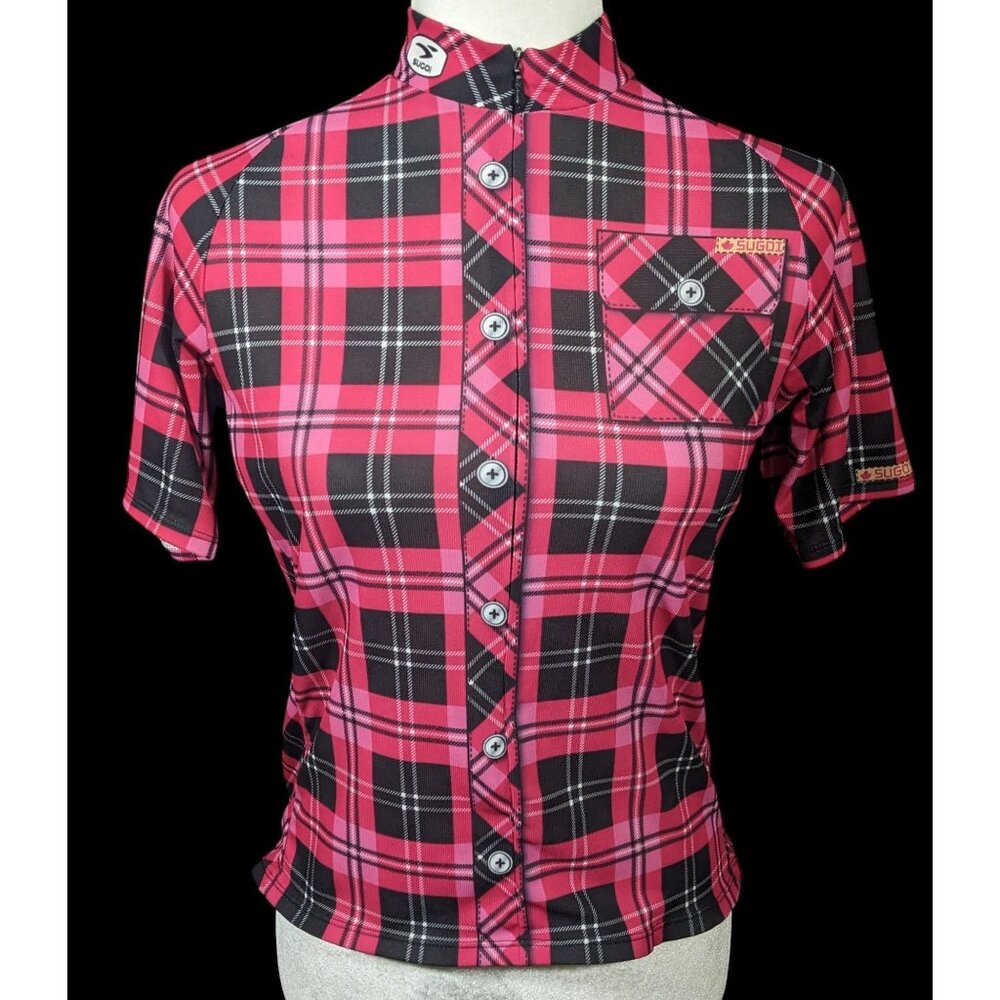 Sugoi Lumber Jane Pink And Black Plaid Cycling Jersey With Pockets Size Small